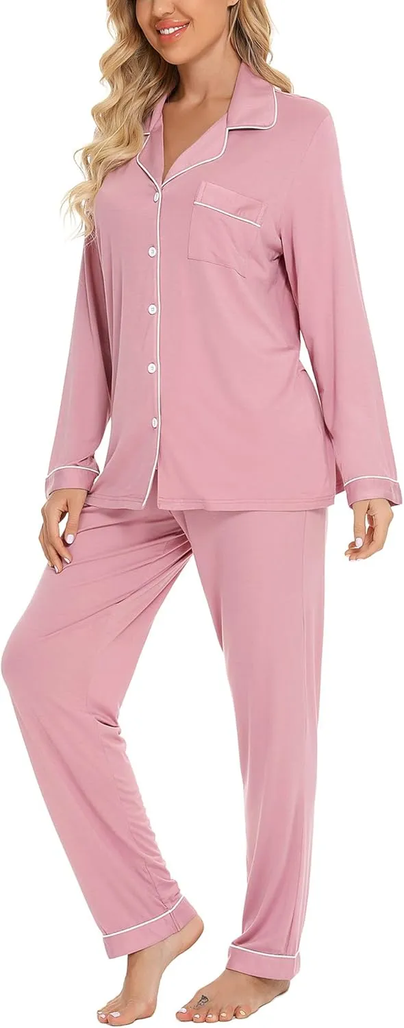 Anjue Pajamas for Women Soft Button Up Pajama Set Long Sleeve Shirt and Pajama Pants Lounge Sets S-XXL
