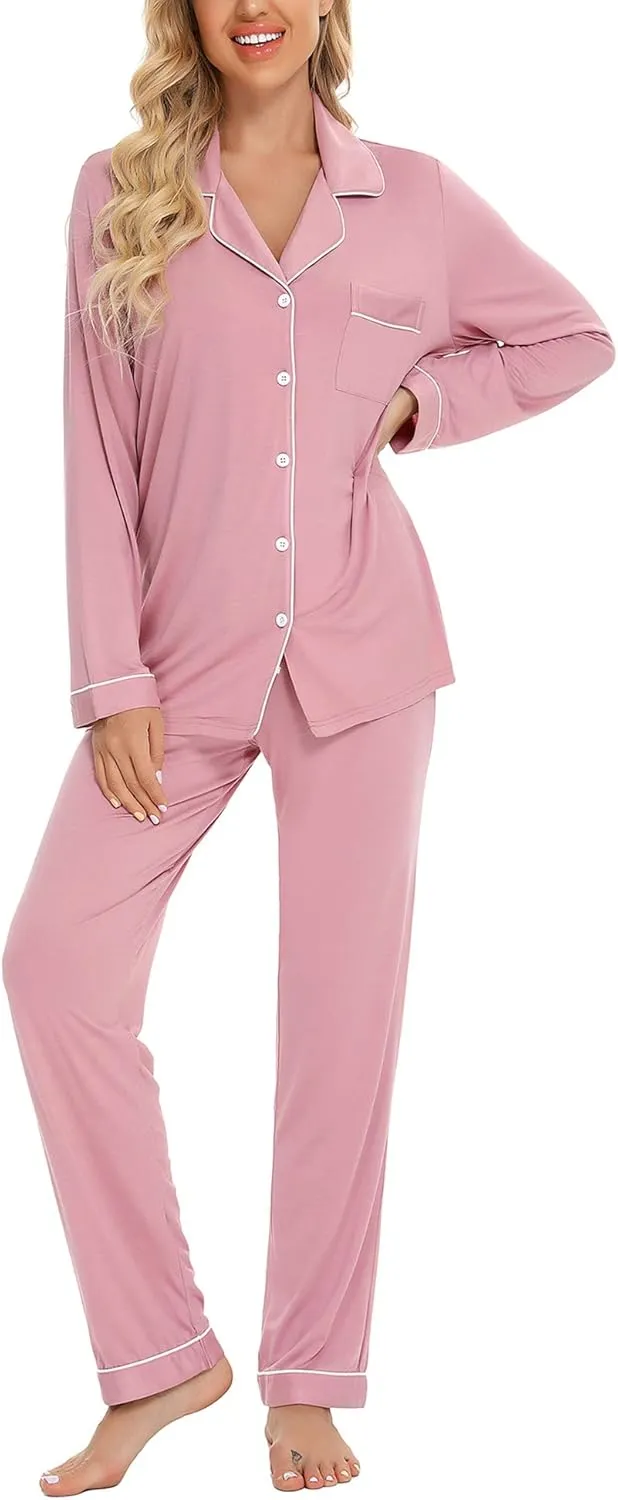 Anjue Pajamas for Women Soft Button Up Pajama Set Long Sleeve Shirt and Pajama Pants Lounge Sets S-XXL