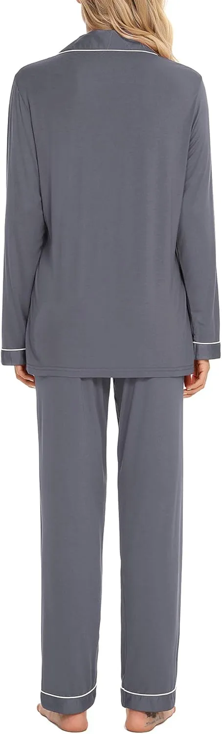 Anjue Pajamas for Women Soft Button Up Pajama Set Long Sleeve Shirt and Pajama Pants Lounge Sets S-XXL