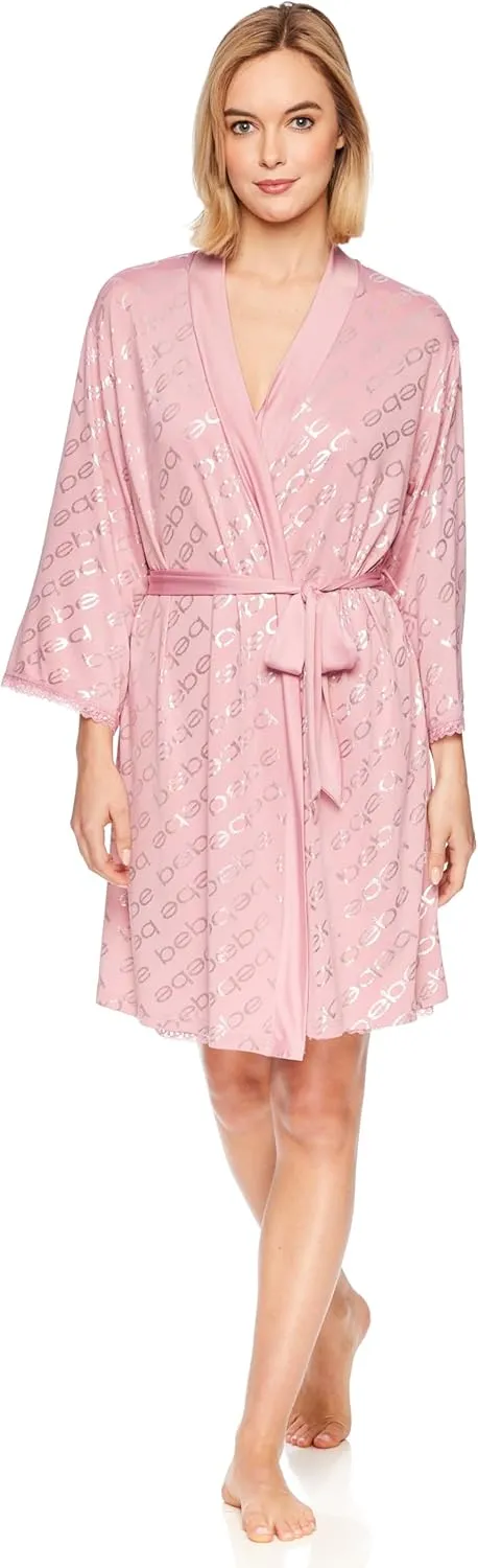bebe Womens Pajama Lounge Chemise Nightgown & Belted Wrap Robe Sleep Travel Set