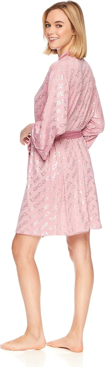 bebe Womens Pajama Lounge Chemise Nightgown & Belted Wrap Robe Sleep Travel Set