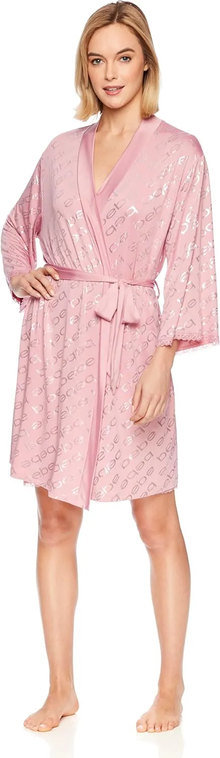 bebe Womens Pajama Lounge Chemise Nightgown & Belted Wrap Robe Sleep Travel Set