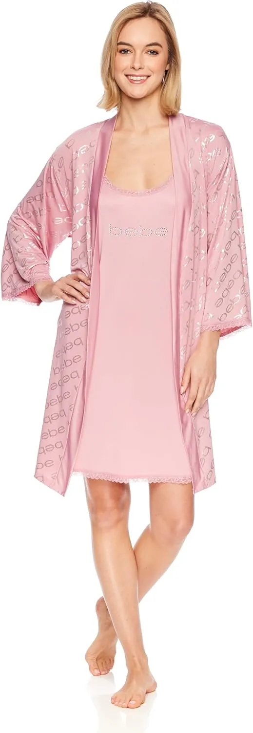 bebe Womens Pajama Lounge Chemise Nightgown & Belted Wrap Robe Sleep Travel Set