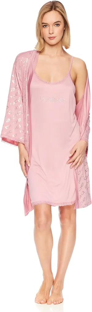 bebe Womens Pajama Lounge Chemise Nightgown & Belted Wrap Robe Sleep Travel Set