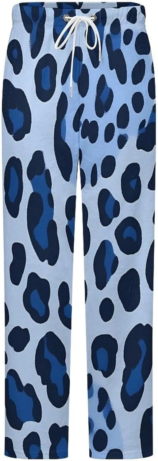 Blue Leopard Print Women's Pajama Pants Fleece Warm Pj Bottoms Sleepwear Lounge Pants Loungewear