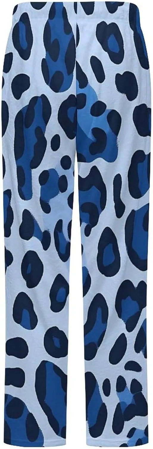 Blue Leopard Print Women's Pajama Pants Fleece Warm Pj Bottoms Sleepwear Lounge Pants Loungewear