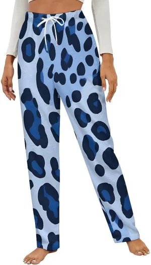 Blue Leopard Print Women's Pajama Pants Fleece Warm Pj Bottoms Sleepwear Lounge Pants Loungewear