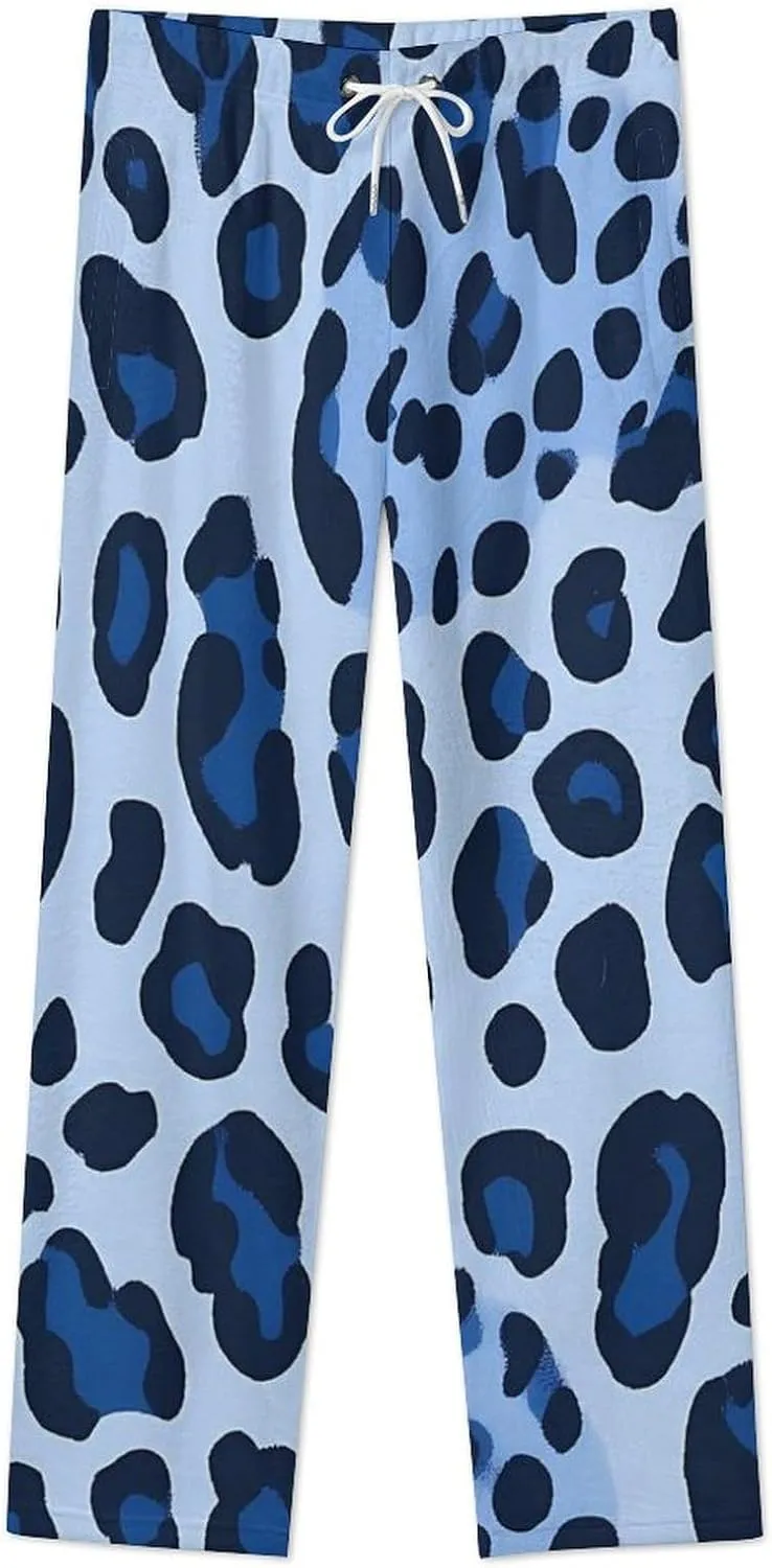 Blue Leopard Print Women's Pajama Pants Fleece Warm Pj Bottoms Sleepwear Lounge Pants Loungewear