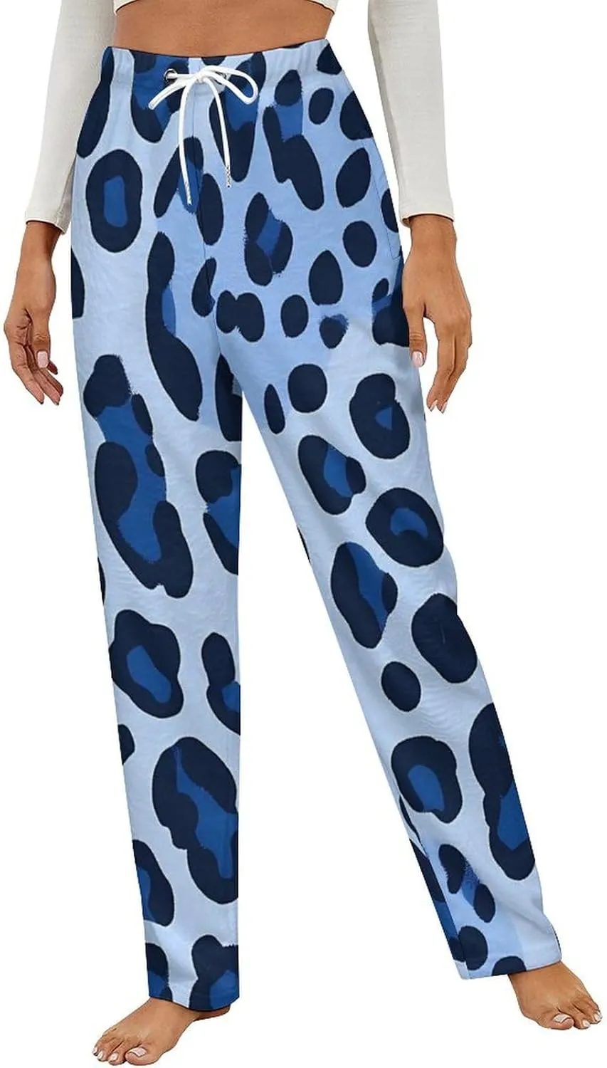 Blue Leopard Print Women's Pajama Pants Fleece Warm Pj Bottoms Sleepwear Lounge Pants Loungewear