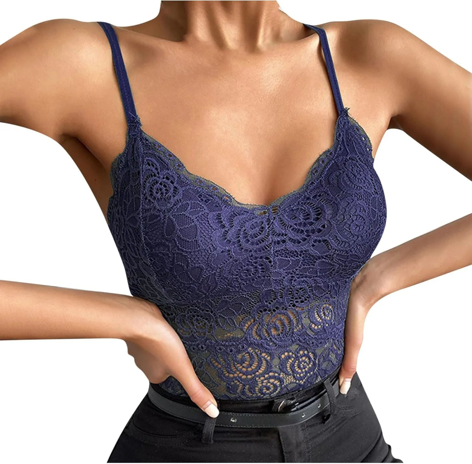 Borniu Women's Lace Bralette Sexy V Neck Unpadded Wirefree Longline Bra Strap Crop Tops Stretchy Camisoles Everyday Lingerie