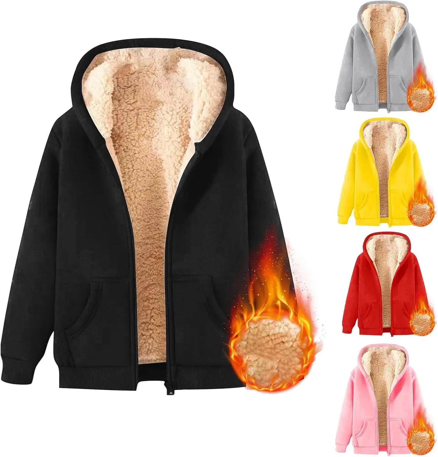 Boys Girls Fleece Hoodies Youth Sherpk Lined Zip Up Hooded Jacket Kids Heavyweight Winter Sweatshirt Oversized Hoodie