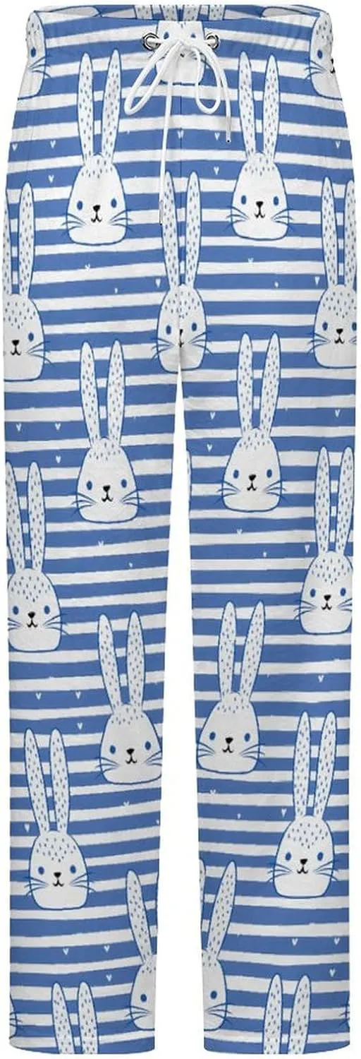 Bunny Rabbit Blue And White Striped Women's Pajama Pants Fleece Warm Pj Bottoms Sleepwear Lounge Pants Loungewear