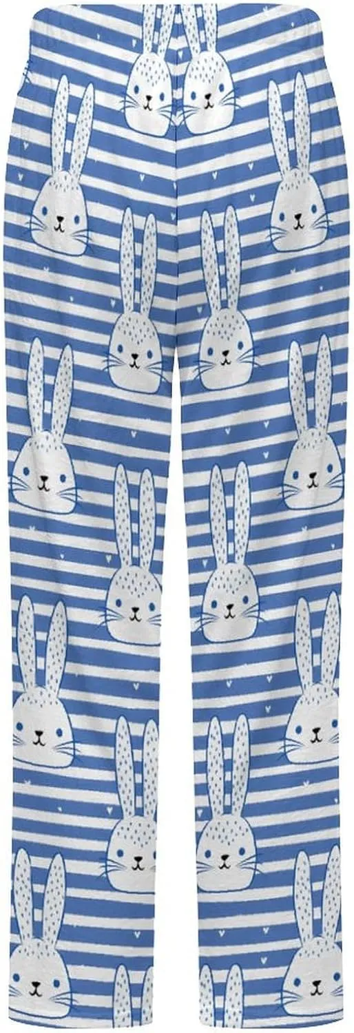 Bunny Rabbit Blue And White Striped Women's Pajama Pants Fleece Warm Pj Bottoms Sleepwear Lounge Pants Loungewear