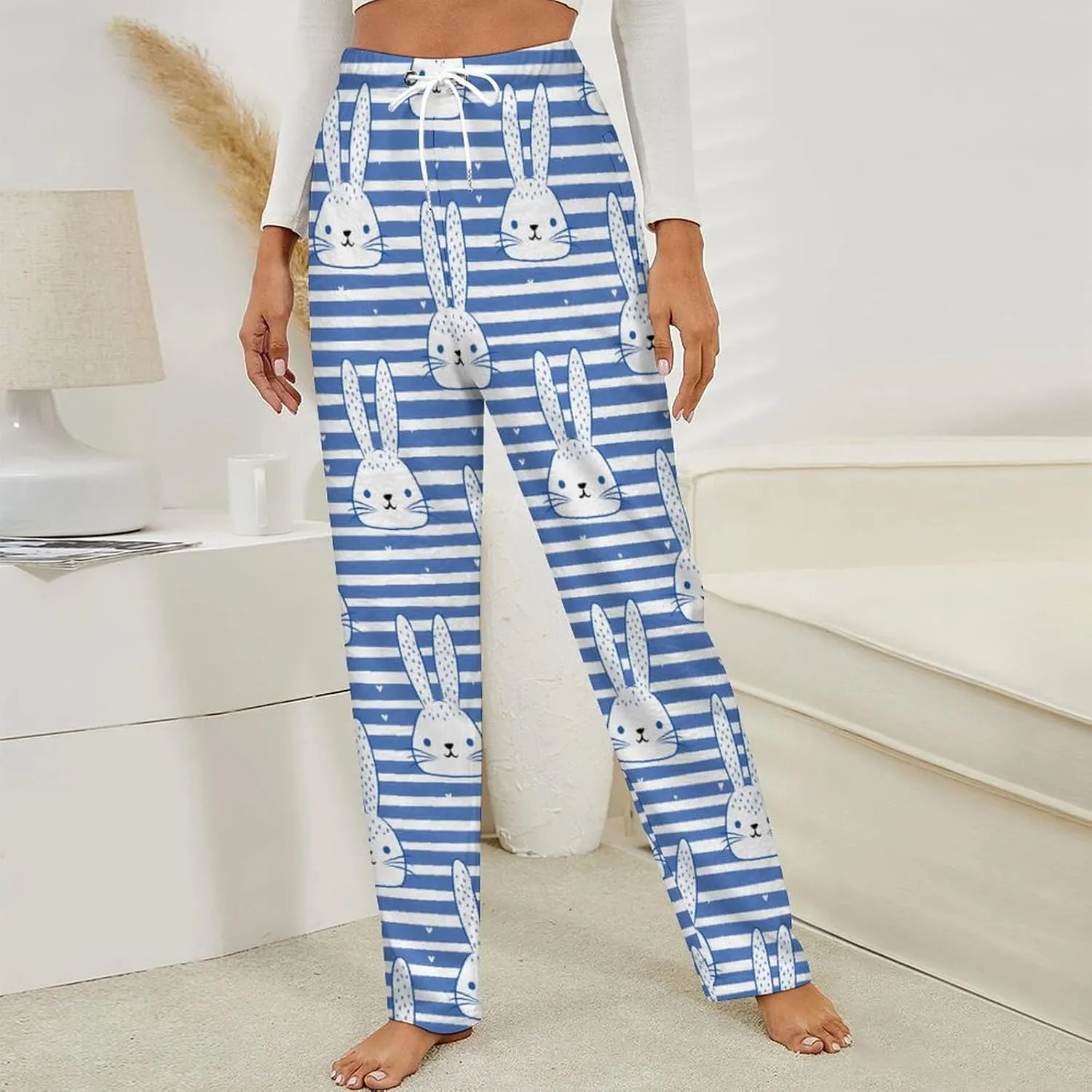 Bunny Rabbit Blue And White Striped Women's Pajama Pants Fleece Warm Pj Bottoms Sleepwear Lounge Pants Loungewear