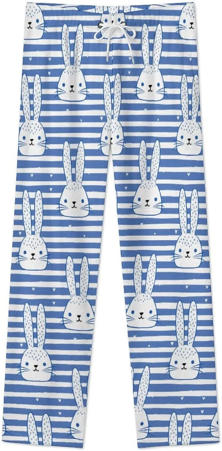 Bunny Rabbit Blue And White Striped Women's Pajama Pants Fleece Warm Pj Bottoms Sleepwear Lounge Pants Loungewear