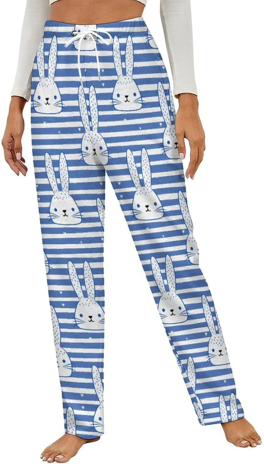Bunny Rabbit Blue And White Striped Women's Pajama Pants Fleece Warm Pj Bottoms Sleepwear Lounge Pants Loungewear