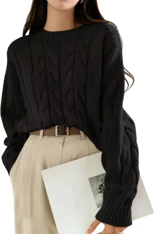 Cable Knit Sweater Women Long Sleeve Casual Loose Fit Soft Chunky Knit Pullover