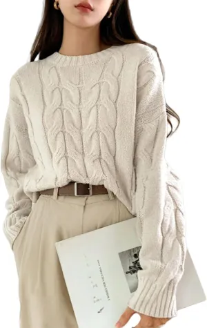 Cable Knit Sweater Women Long Sleeve Casual Loose Fit Soft Chunky Knit Pullover