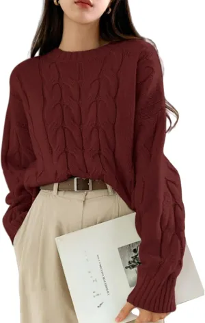 Cable Knit Sweater Women Long Sleeve Casual Loose Fit Soft Chunky Knit Pullover