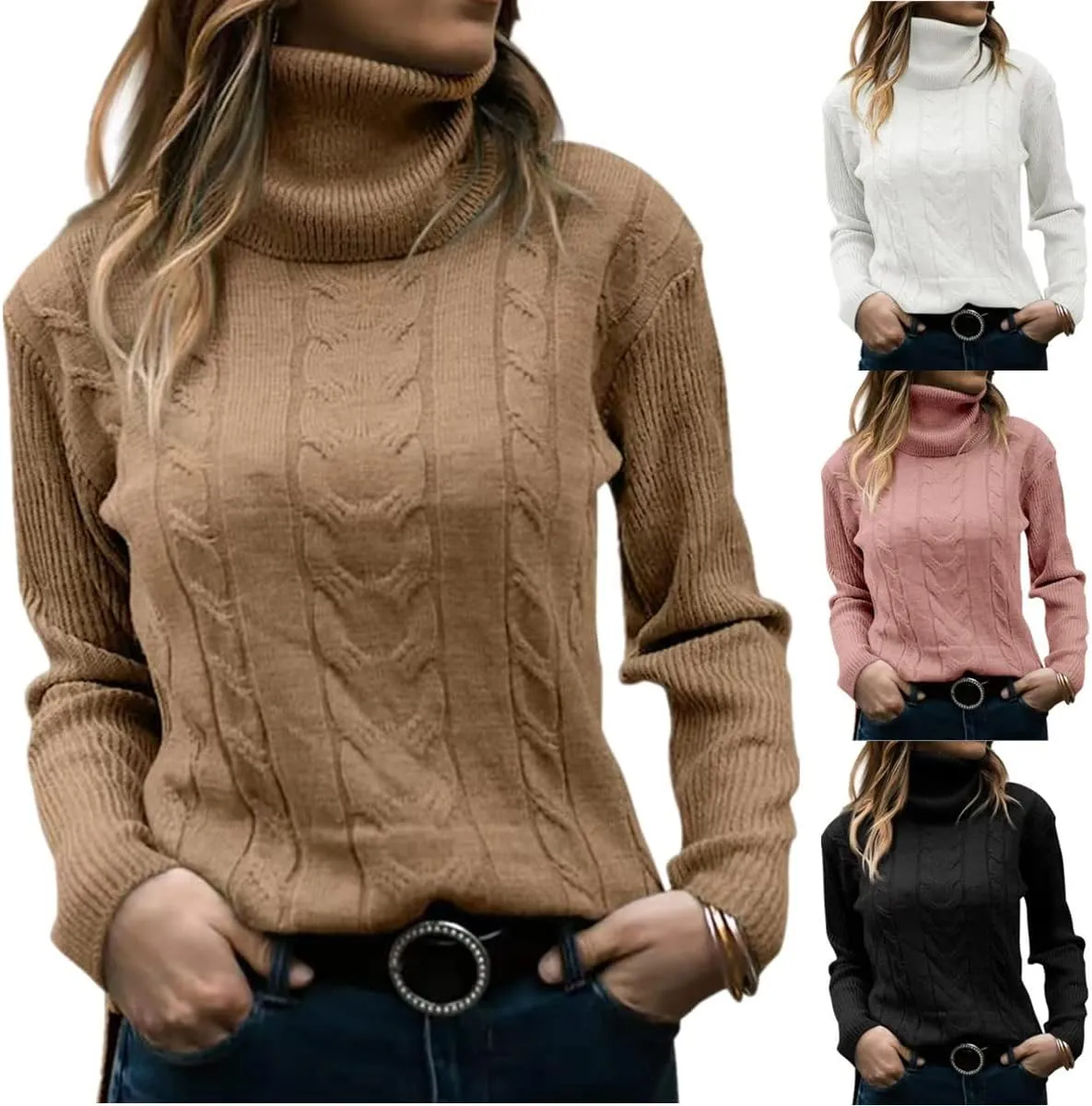 Cable Knit Sweater Women Long Sleeve Solid Color Casual Chunky Knit Pullover Oversized Tops