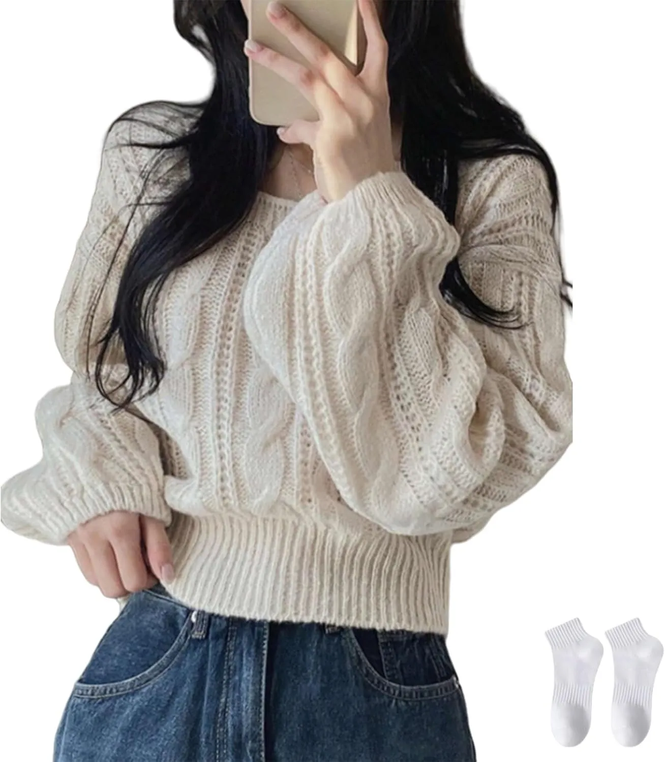 Cable Knit Sweater Women Round Collar Oversized Chunky Knit Slouchy Long Sleeve Casual Pullovers