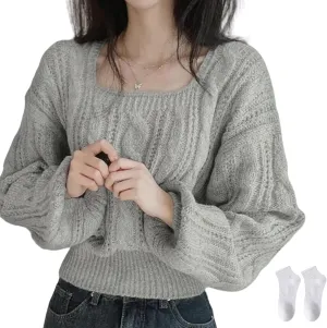 Cable Knit Sweater Women Round Collar Oversized Chunky Knit Slouchy Long Sleeve Casual Pullovers