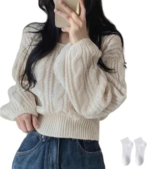 Cable Knit Sweater Women Round Collar Oversized Chunky Knit Slouchy Long Sleeve Casual Pullovers