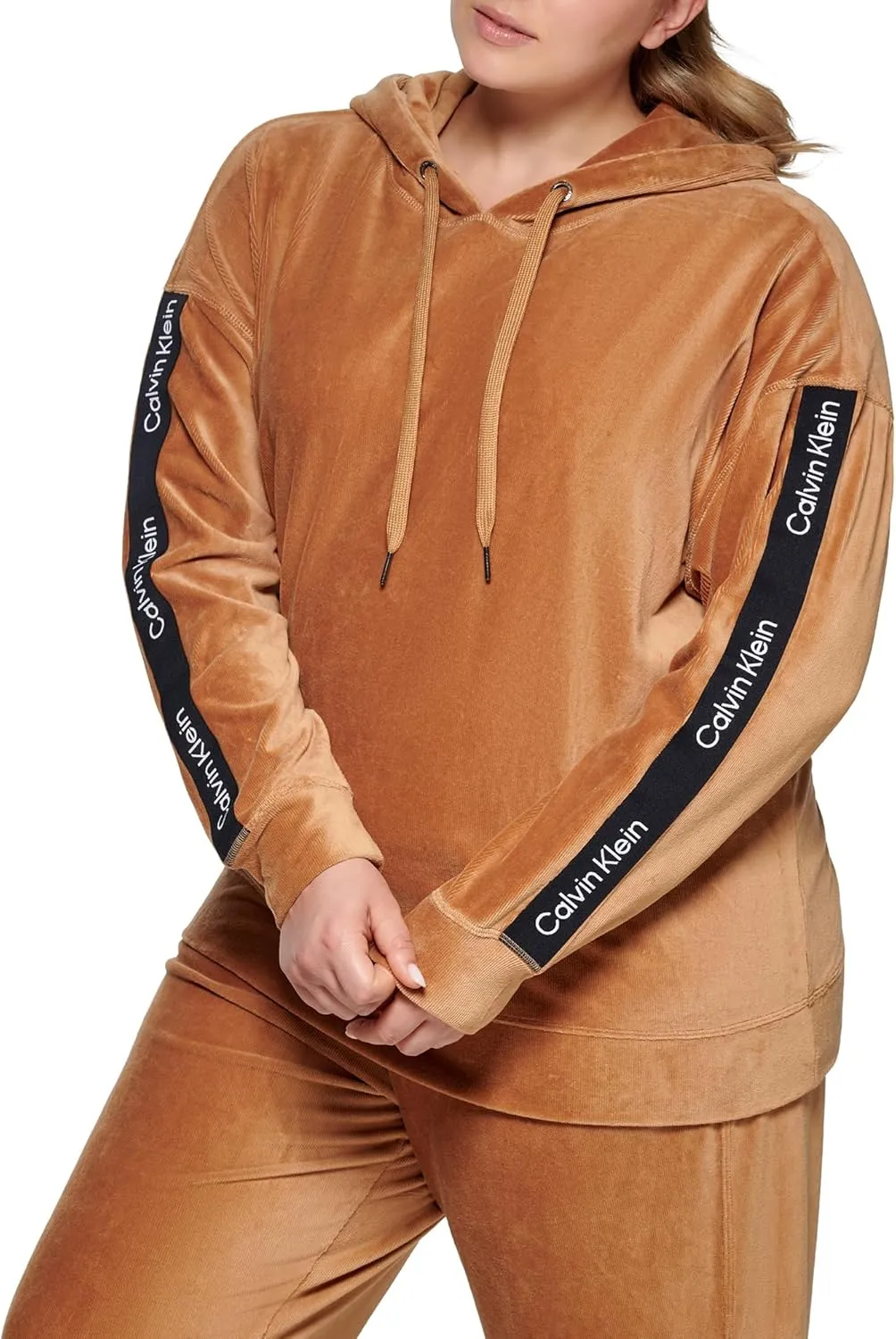 Calvin Klein womens Logo Tape Micro Rib Velour Pullover