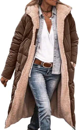 Canbebig Women 2023 Warm Winter Coats Reversible Sherpa Fleece Puffer Jackets Hooded Outerwear Thicken Warm Fashion Overcoat