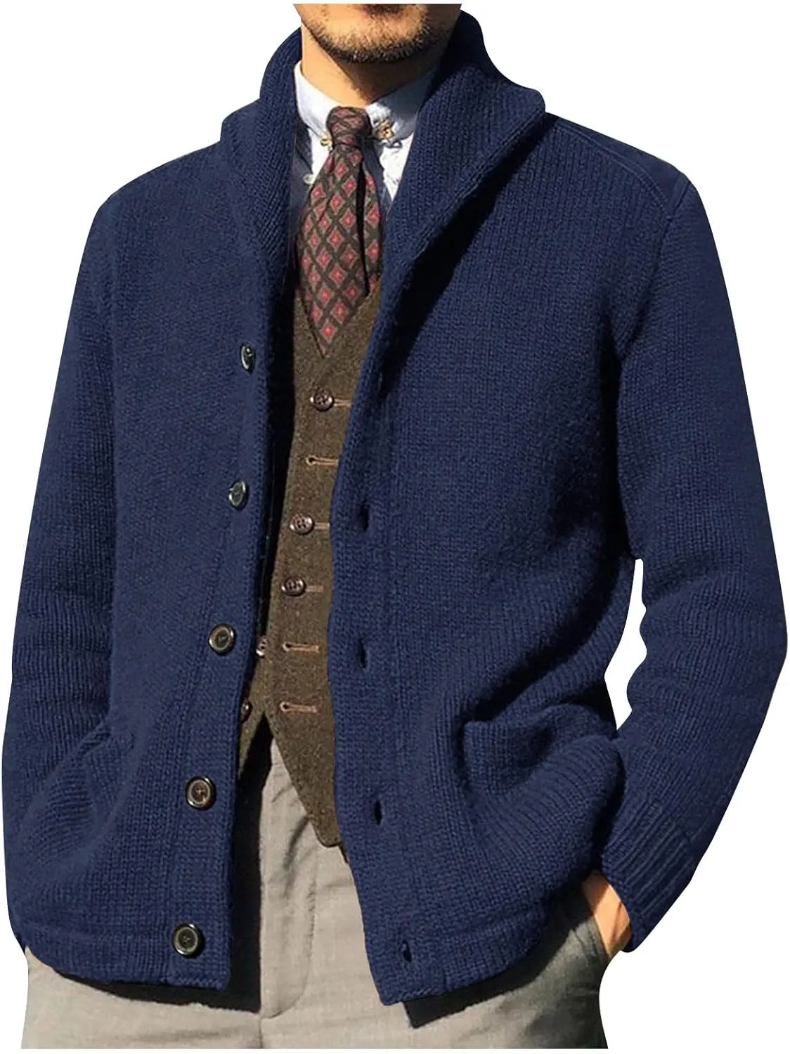 Cardigan Men with Buttons Knit Lapel Men Cardigan Sweater Thick Warm Loose Winter Cardigan