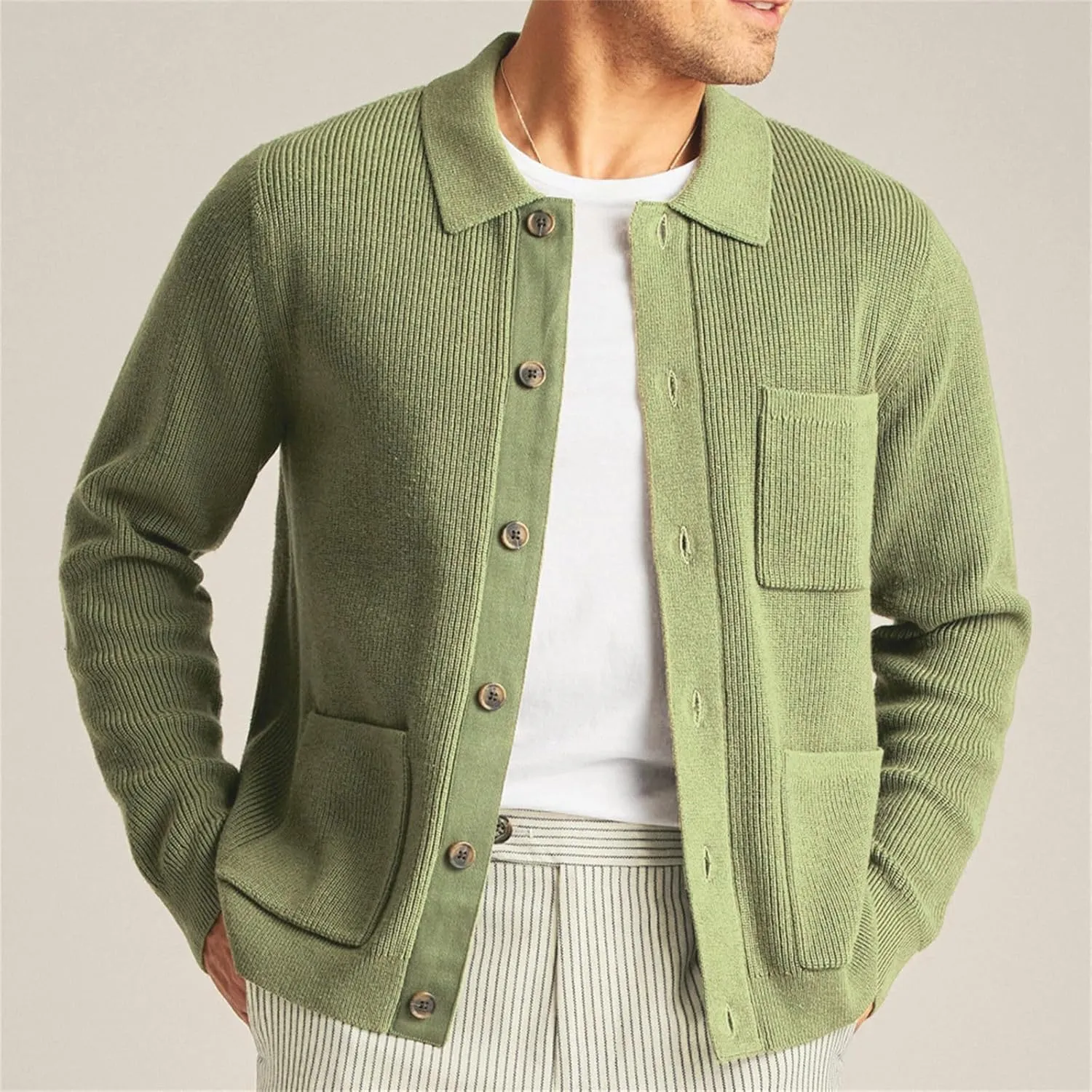 Cardigan Sweater for Men Long Sleeve Knitted Cardigan Button Down Sweater Lapel Collar Casual Outerwear Cardigan Tops
