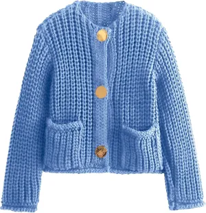 Cardigan Sweaters for Women Chunky Cropped Cardigan Sweater Open Front Button Down Knit Cardigan Sweater