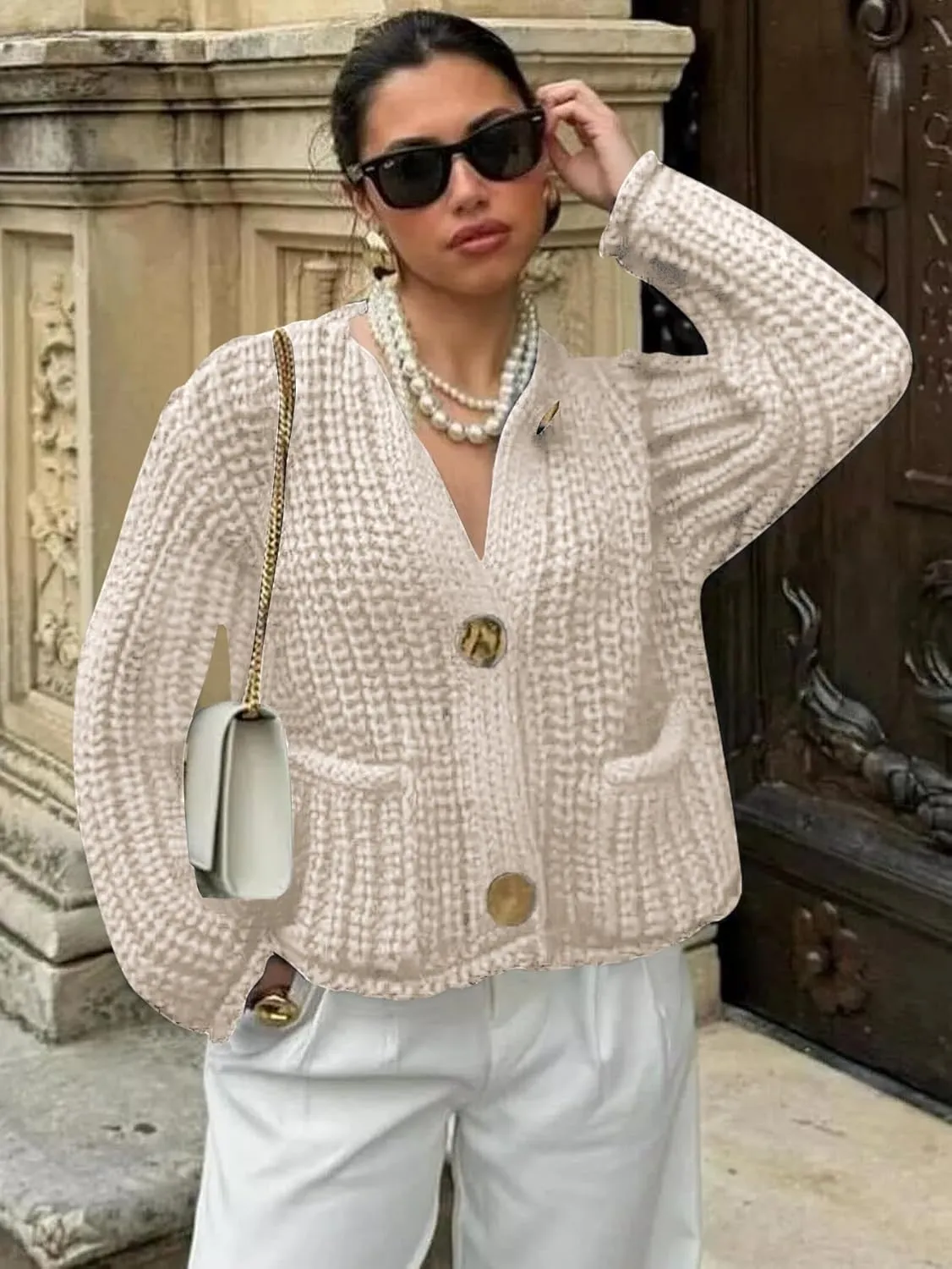 Cardigan Sweaters for Women Chunky Cropped Cardigan Sweater Open Front Button Down Knit Cardigan Sweater