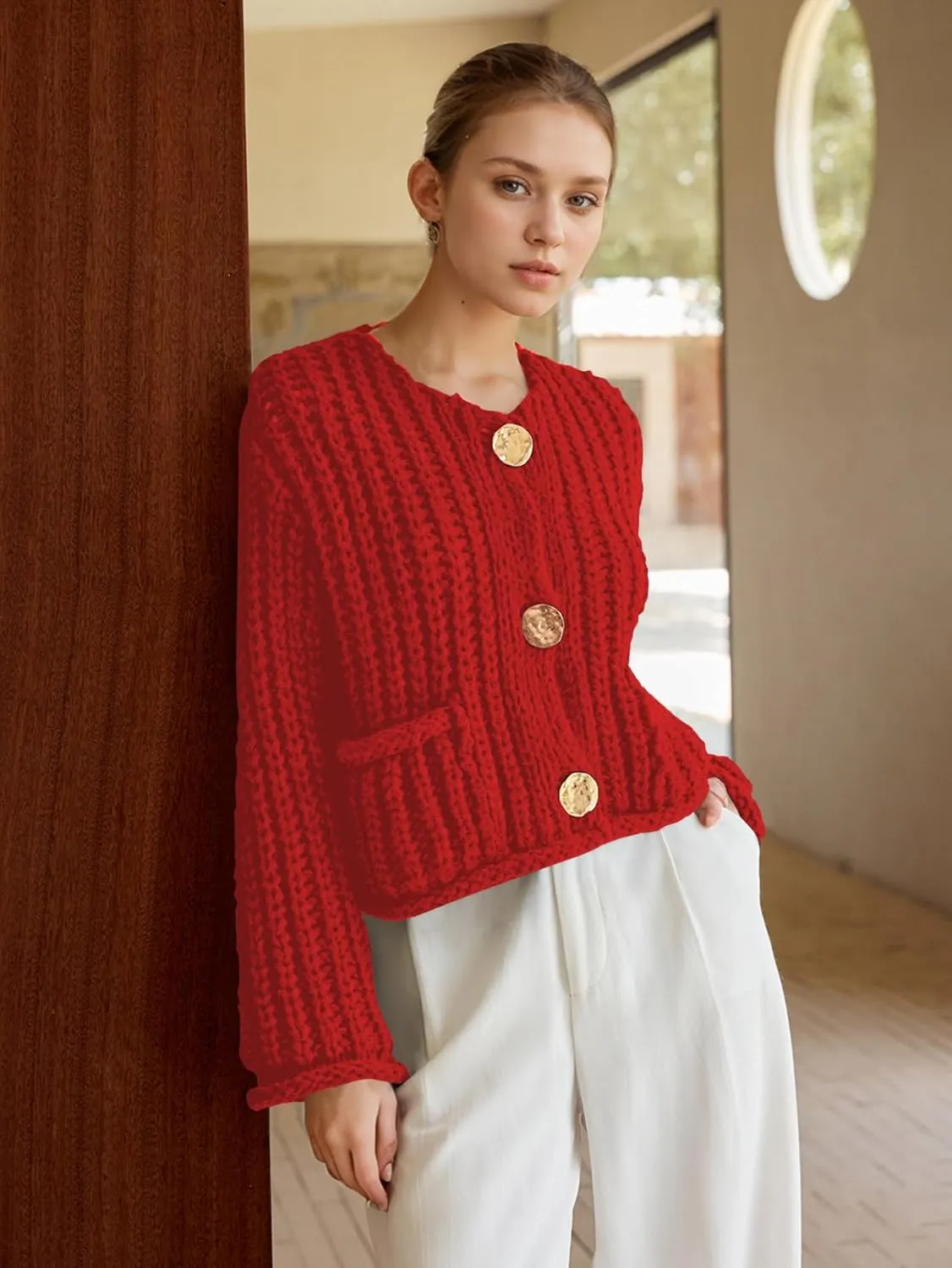 Cardigan Sweaters for Women Chunky Cropped Cardigan Sweater Open Front Button Down Knit Cardigan Sweater