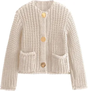 Cardigan Sweaters for Women Chunky Cropped Cardigan Sweater Open Front Button Down Knit Cardigan Sweater