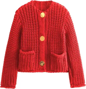 Cardigan Sweaters for Women Chunky Cropped Cardigan Sweater Open Front Button Down Knit Cardigan Sweater