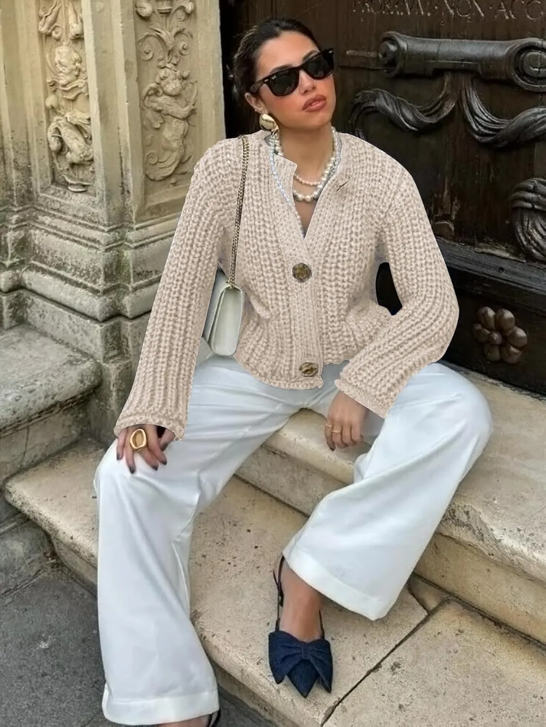 Cardigan Sweaters for Women Chunky Cropped Cardigan Sweater Open Front Button Down Knit Cardigan Sweater