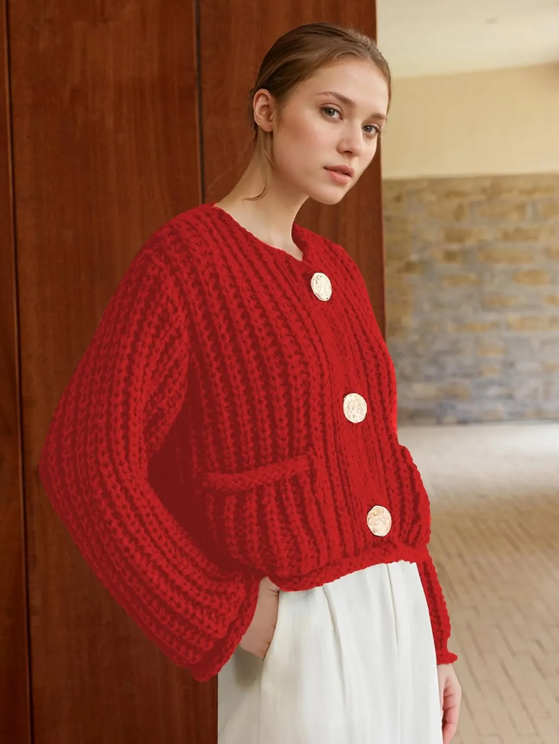 Cardigan Sweaters for Women Chunky Cropped Cardigan Sweater Open Front Button Down Knit Cardigan Sweater