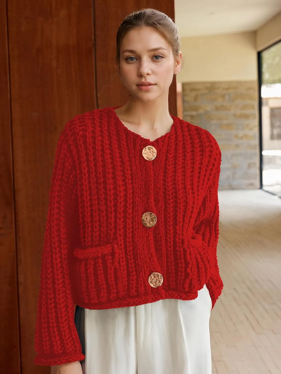 Cardigan Sweaters for Women Chunky Cropped Cardigan Sweater Open Front Button Down Knit Cardigan Sweater