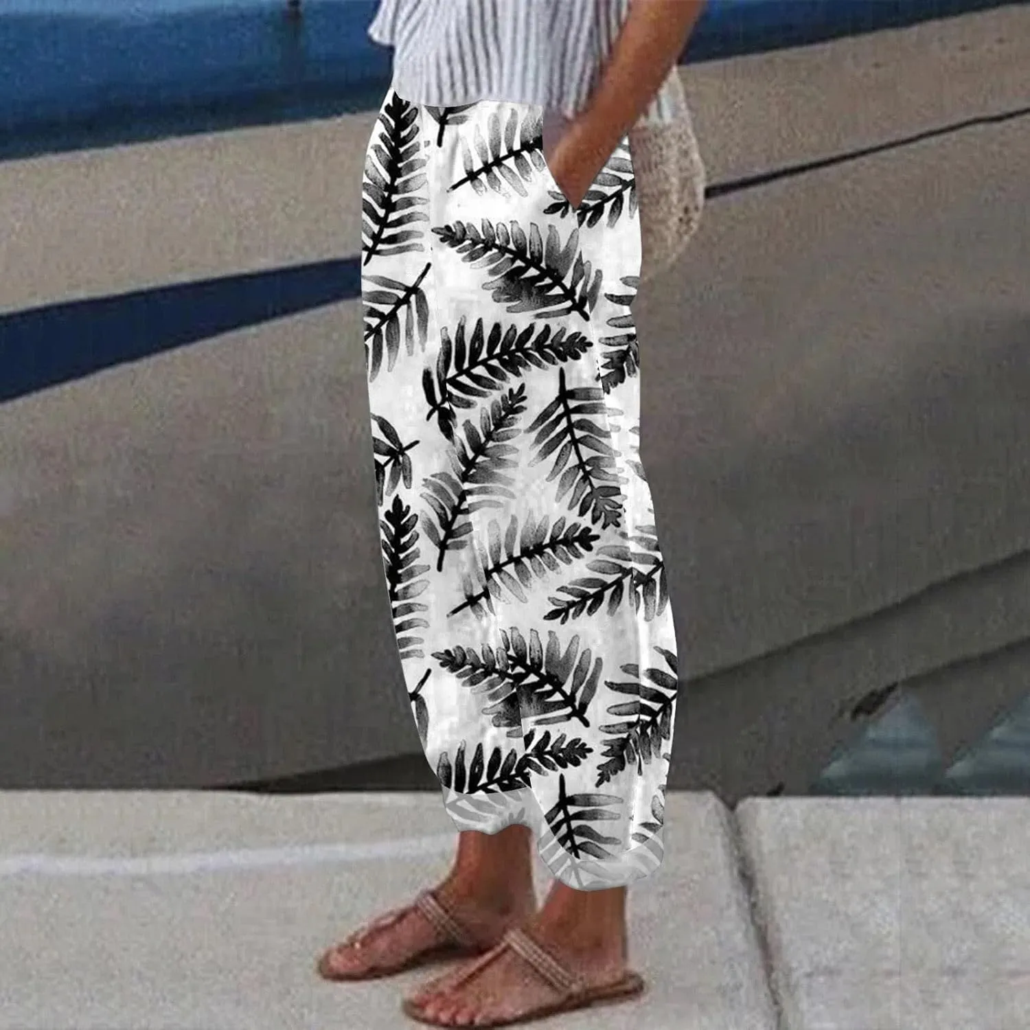 Casual Pants for Women Striped Summer Casual Trendy Pants Breathable Straight Leg Elastic Baggy Trousers with Pockets