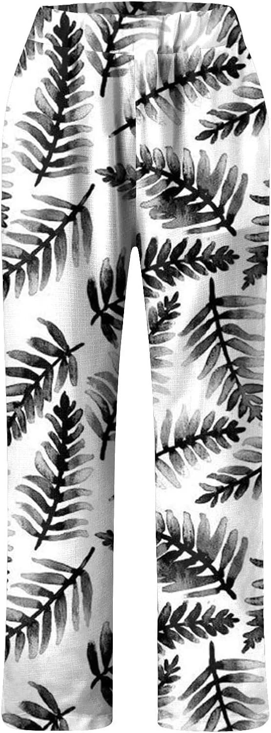 Casual Pants for Women Striped Summer Casual Trendy Pants Breathable Straight Leg Elastic Baggy Trousers with Pockets