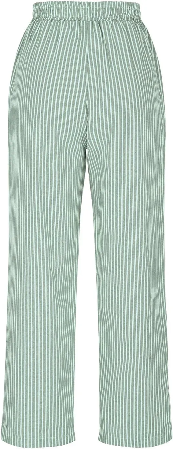 Casual Striped Cotton Linen Pant for Women Striped High Waisted Drawstring Summer Pants Loose Fit Trousers