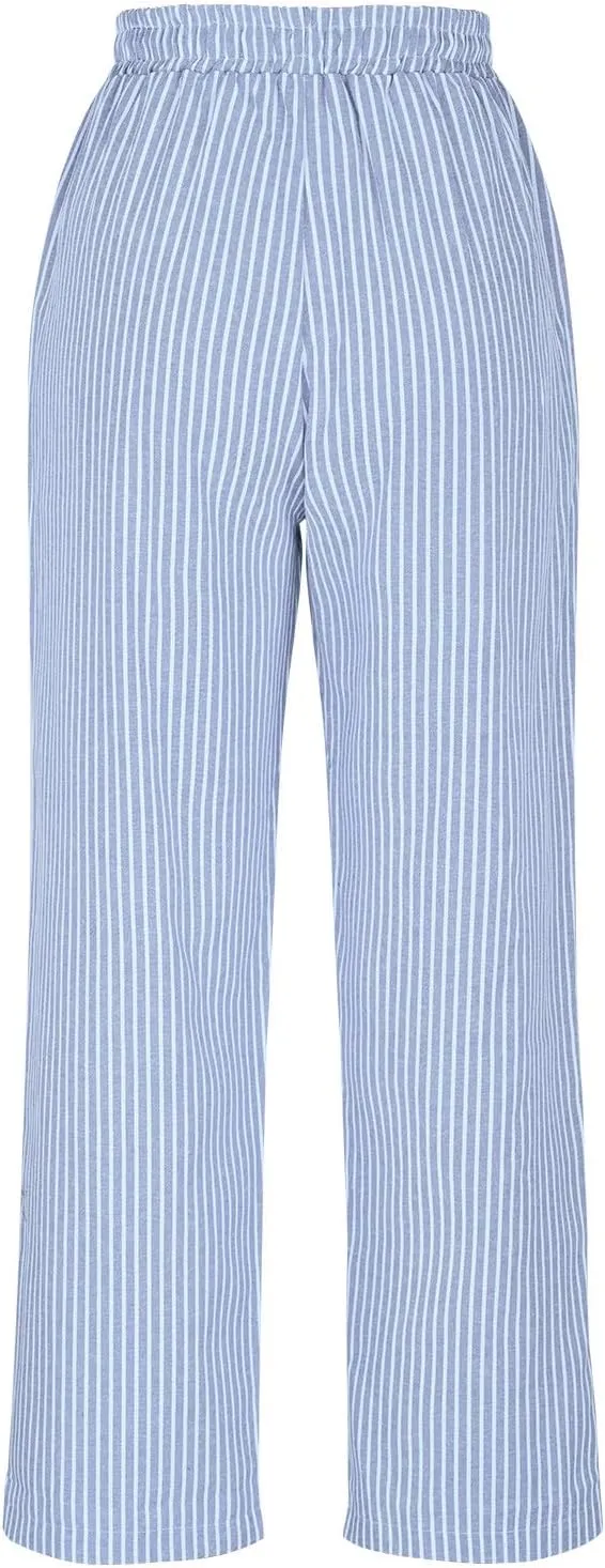 Casual Striped Cotton Linen Pant for Women Striped High Waisted Drawstring Summer Pants Loose Fit Trousers
