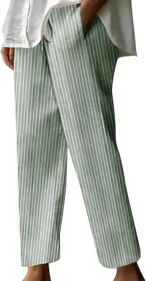 Casual Striped Cotton Linen Pant for Women Striped High Waisted Drawstring Summer Pants Loose Fit Trousers