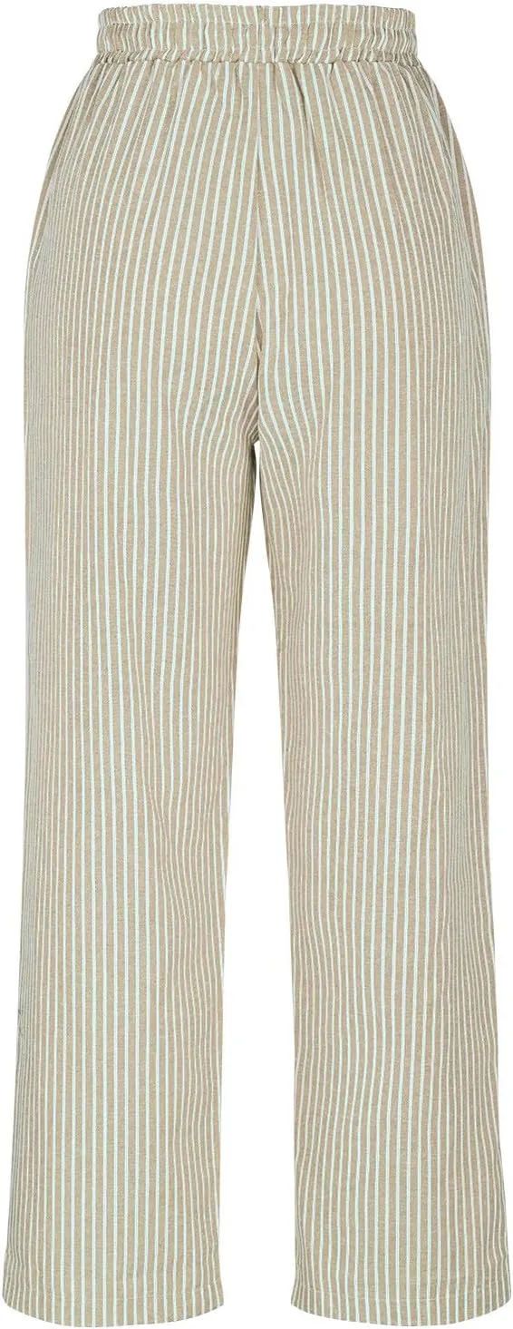 Casual Striped Cotton Linen Pant for Women Striped High Waisted Drawstring Summer Pants Loose Fit Trousers