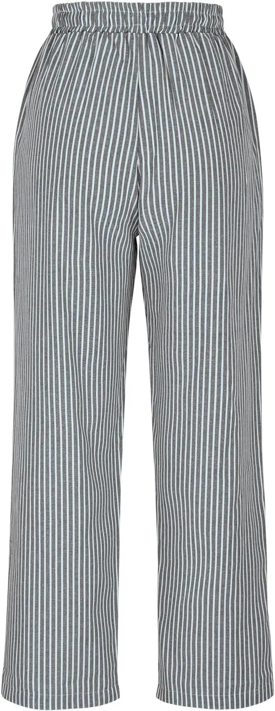 Casual Striped Cotton Linen Pant for Women Striped High Waisted Drawstring Summer Pants Loose Fit Trousers