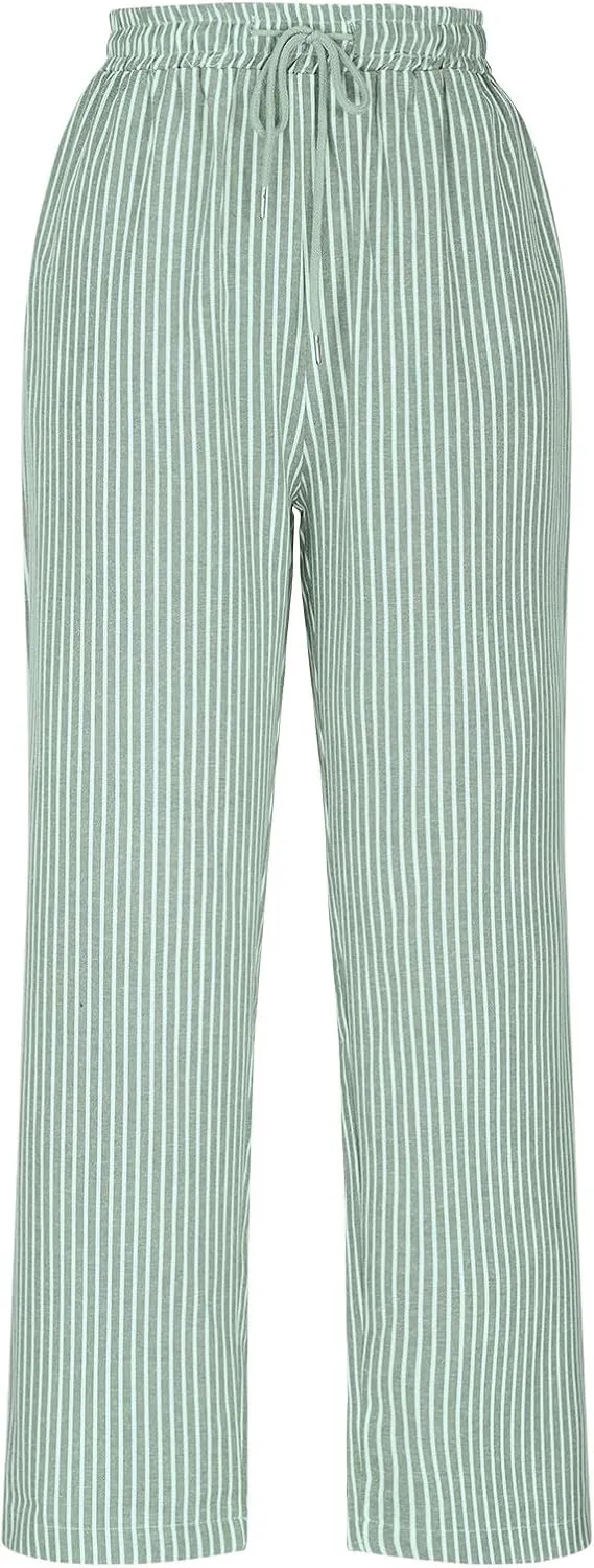 Casual Striped Cotton Linen Pant for Women Striped High Waisted Drawstring Summer Pants Loose Fit Trousers