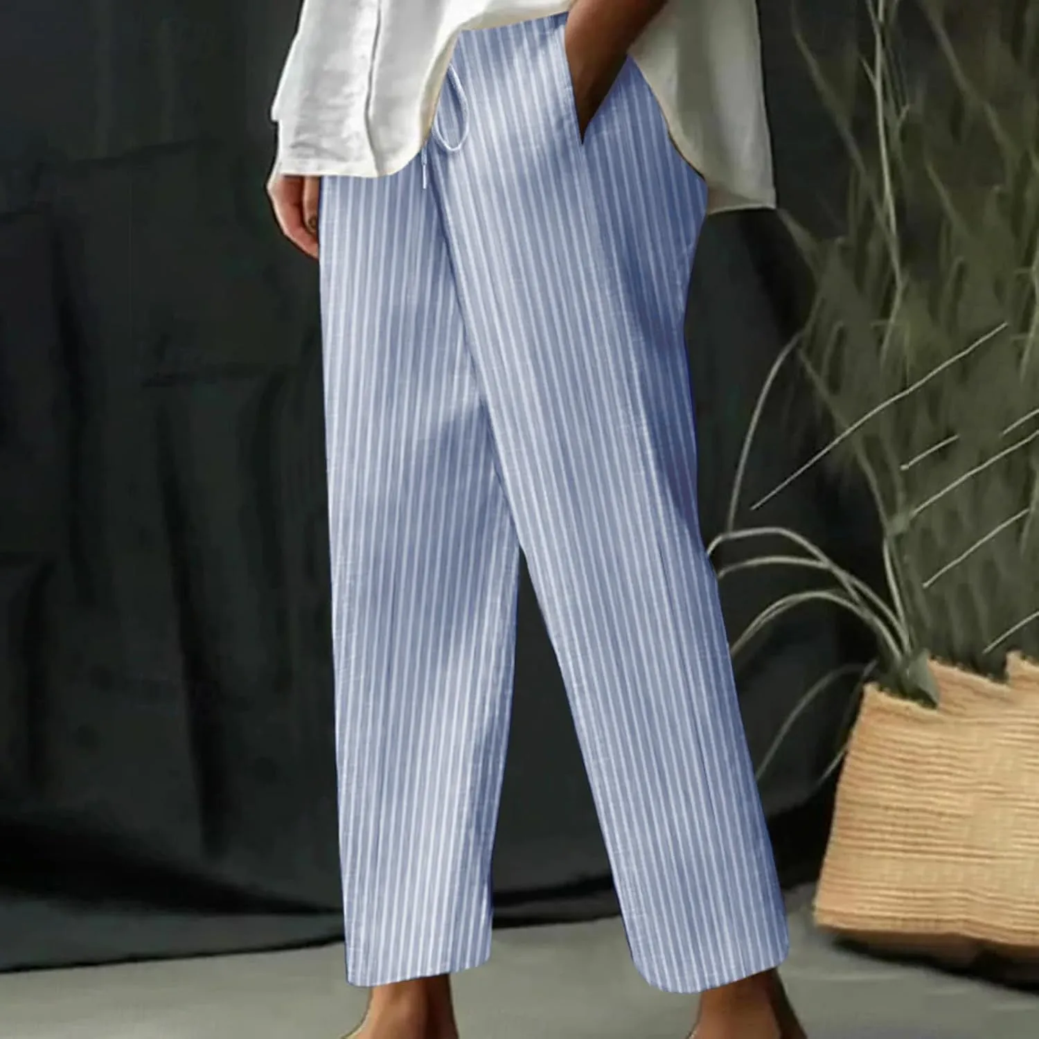 Casual Striped Cotton Linen Pant for Women Striped High Waisted Drawstring Summer Pants Loose Fit Trousers