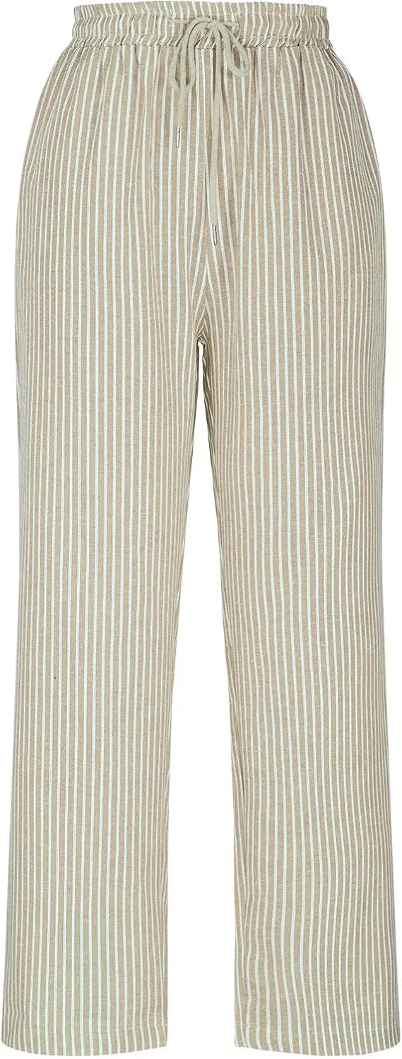 Casual Striped Cotton Linen Pant for Women Striped High Waisted Drawstring Summer Pants Loose Fit Trousers