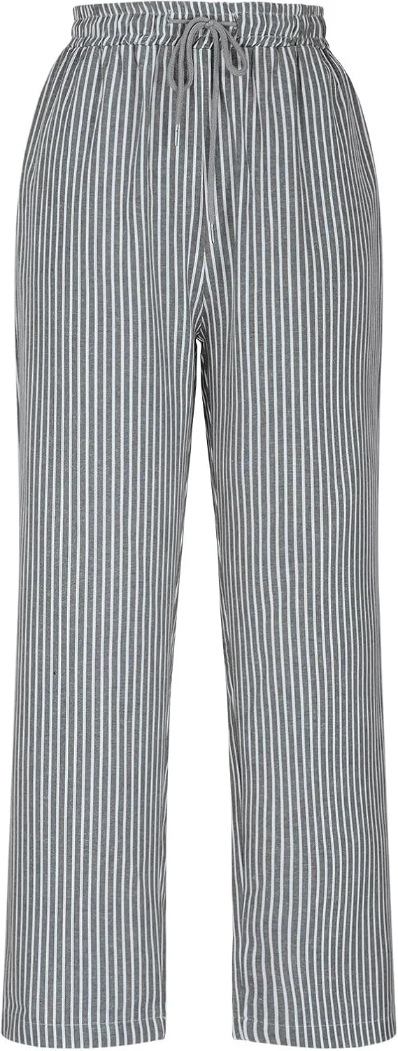 Casual Striped Cotton Linen Pant for Women Striped High Waisted Drawstring Summer Pants Loose Fit Trousers